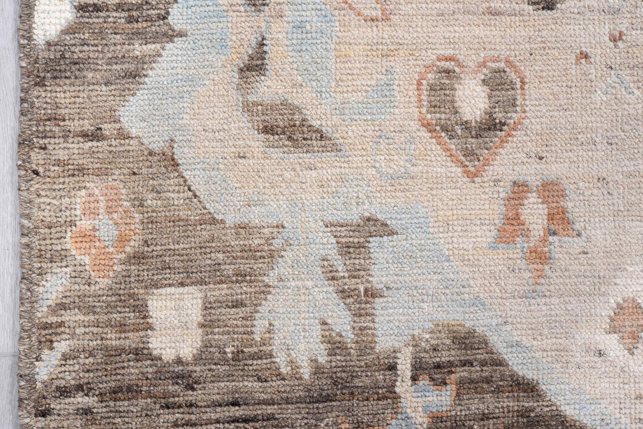 8' x 10' one-of-a-kind handmade vintage Oushak large size rug. Color palette: taupe, ivory, pale blue, terra cotta, brown