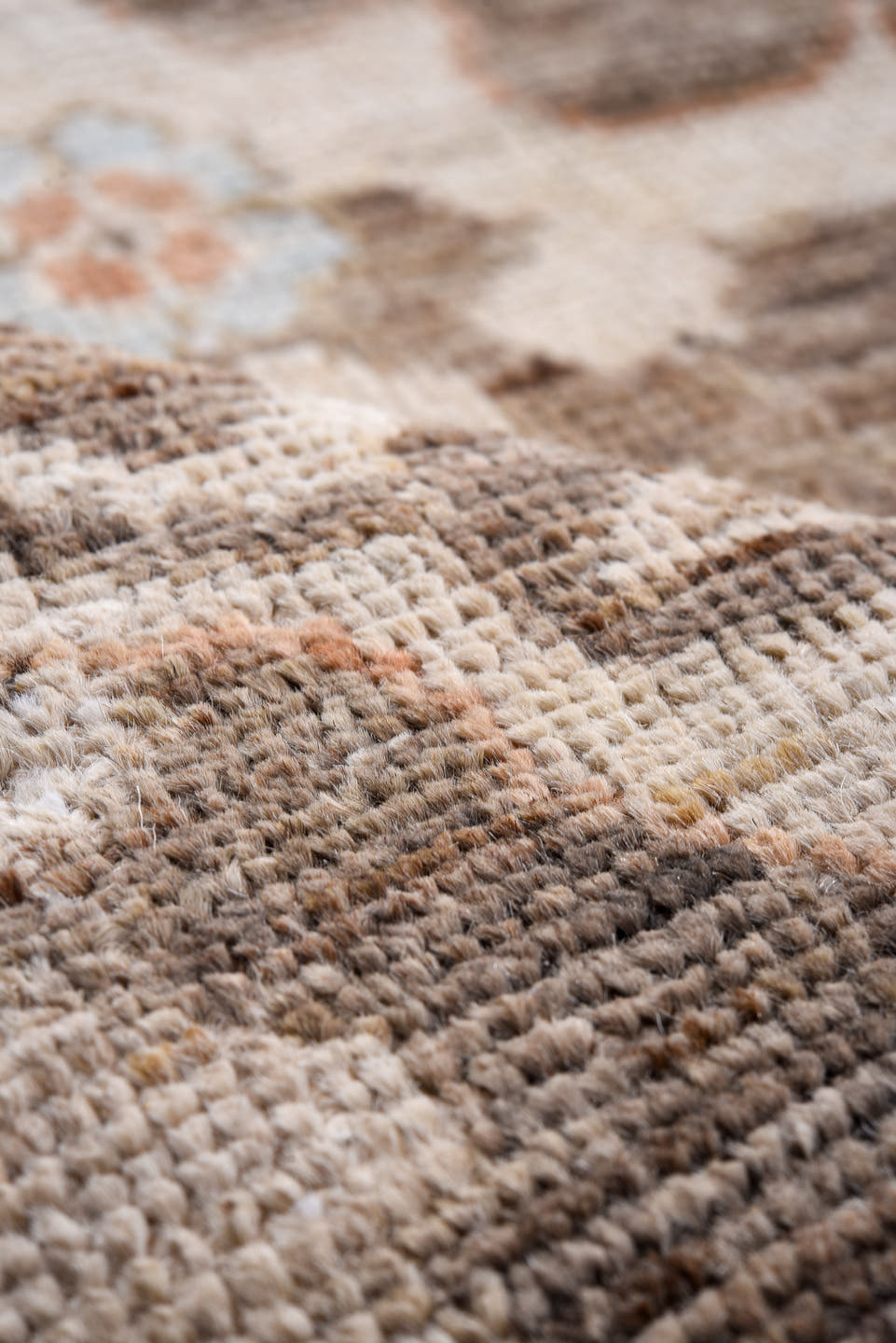 8' x 10' one-of-a-kind handmade vintage Oushak large size rug. Color palette: taupe, ivory, pale blue, terra cotta, brown