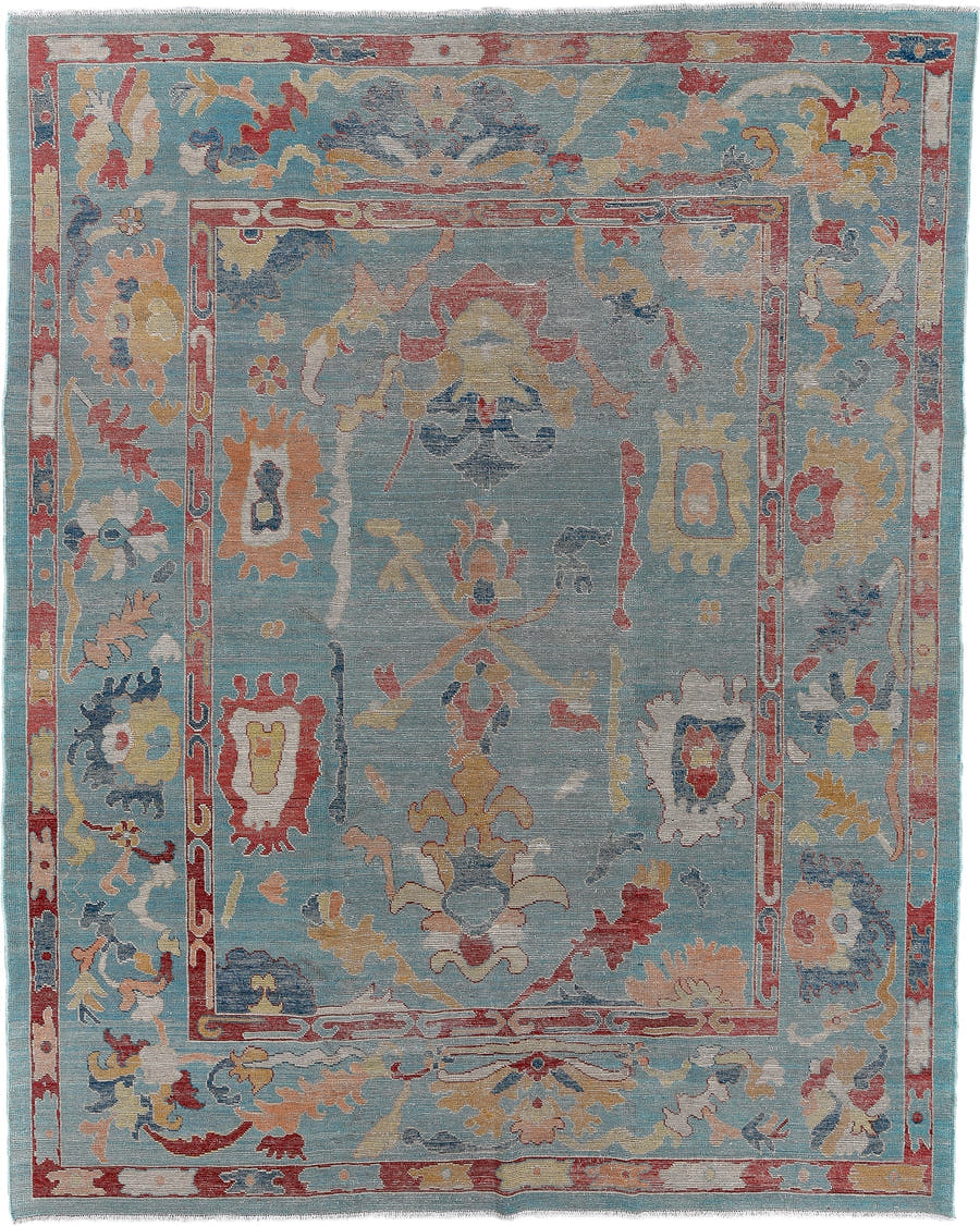 7' x 9' one-of-a-kind handmade vintage Oushak large size rug. Color palette: light blue, ivory, coral, gold, slate, cream