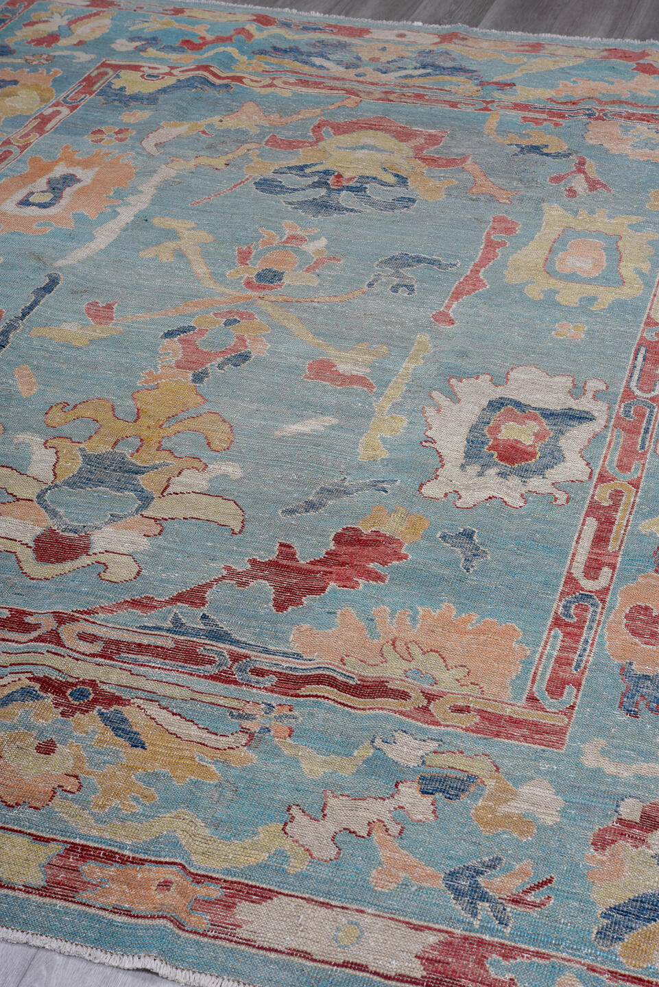 7' x 9' one-of-a-kind handmade vintage Oushak large size rug. Color palette: light blue, ivory, coral, gold, slate, cream
