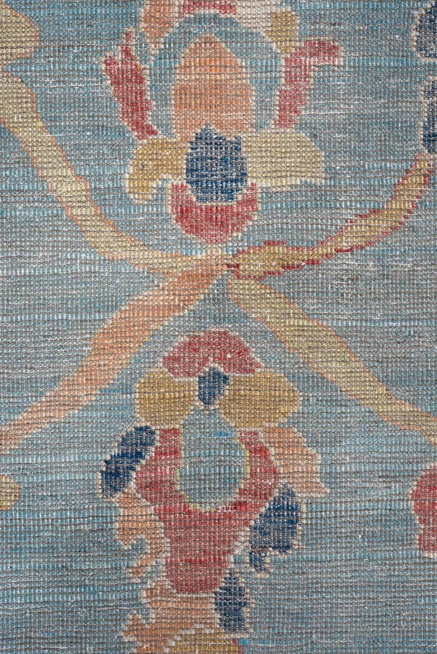 7' x 9' one-of-a-kind handmade vintage Oushak large size rug. Color palette: light blue, ivory, coral, gold, slate, cream