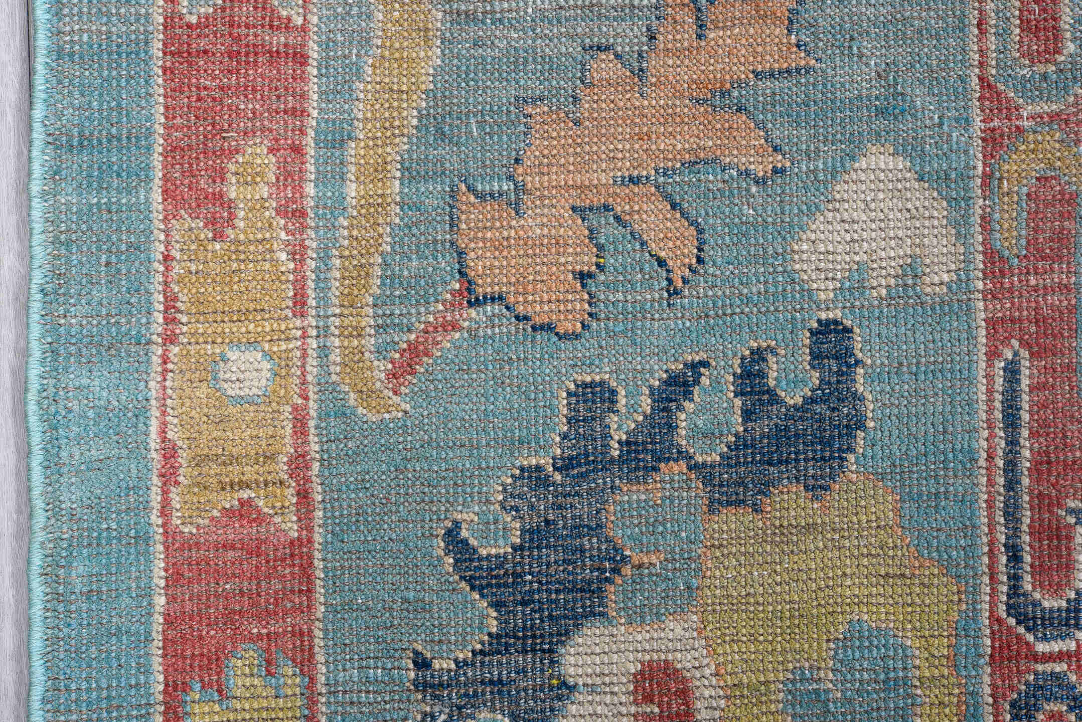 7' x 9' one-of-a-kind handmade vintage Oushak large size rug. Color palette: light blue, ivory, coral, gold, slate, cream