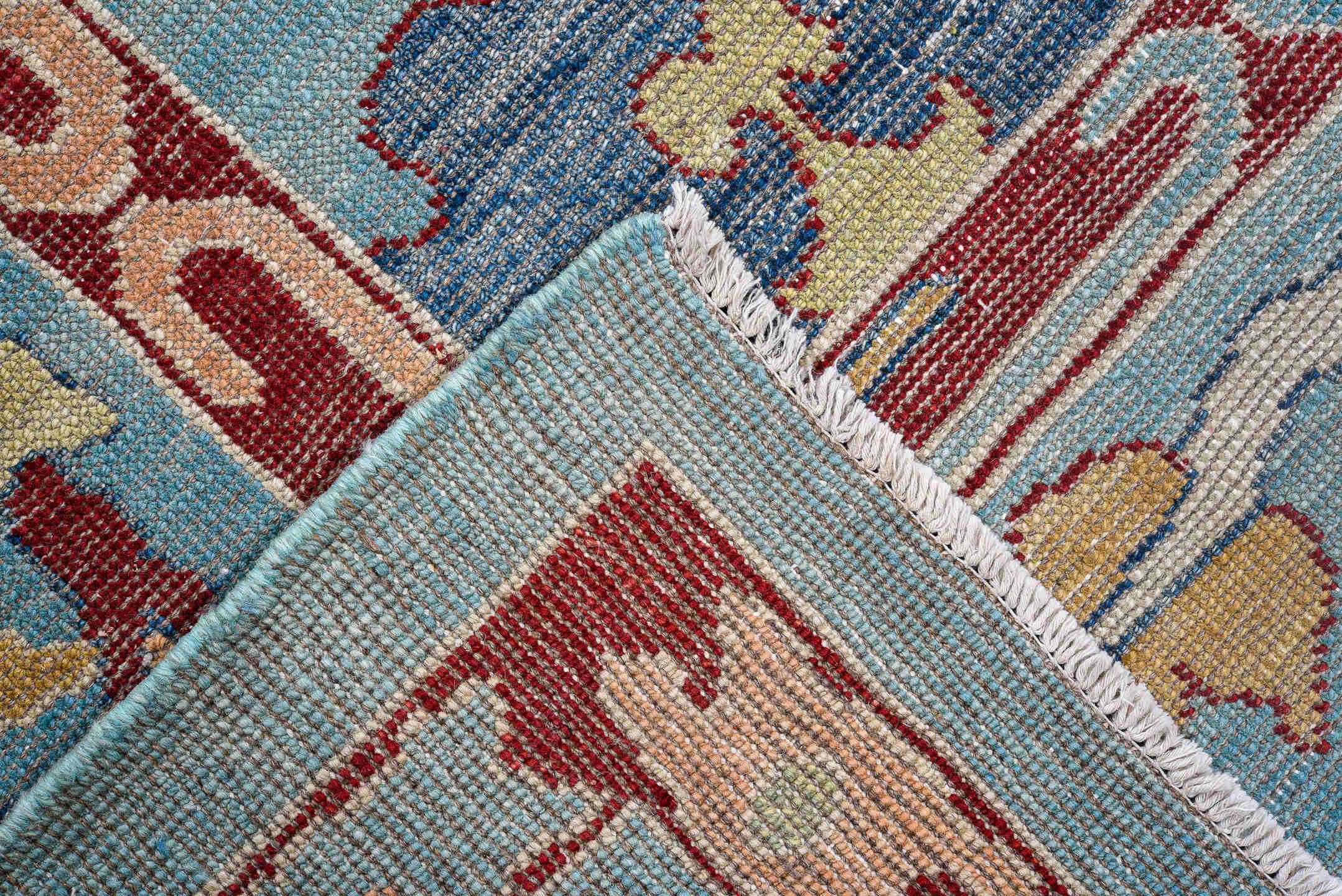7' x 9' one-of-a-kind handmade vintage Oushak large size rug. Color palette: light blue, ivory, coral, gold, slate, cream