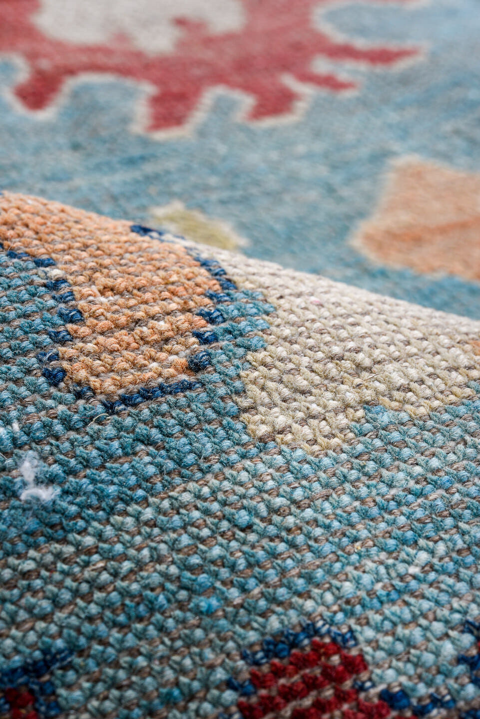 7' x 9' one-of-a-kind handmade vintage Oushak large size rug. Color palette: light blue, ivory, coral, gold, slate, cream