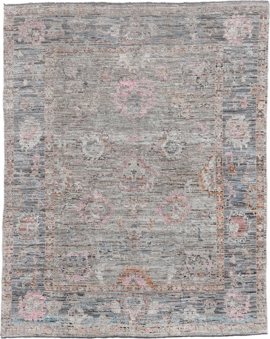 8' x 10' one-of-a-kind handmade vintage Oushak large size rug. Color palette: gray, ivory, blush, taupe, rust, slate, peach
