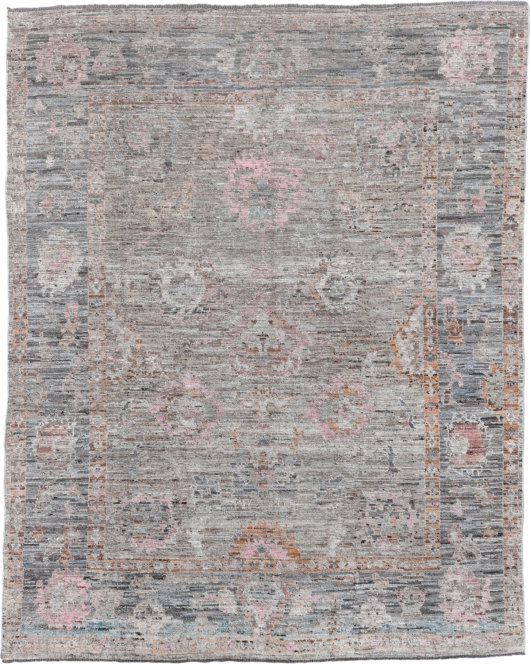 8' x 10' one-of-a-kind handmade vintage Oushak large size rug. Color palette: gray, ivory, blush, taupe, rust, slate, peach