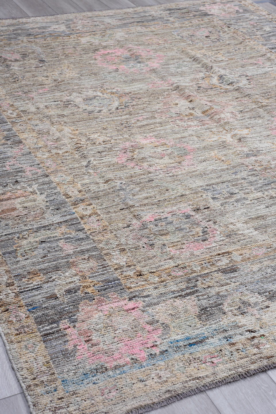 8' x 10' one-of-a-kind handmade vintage Oushak large size rug. Color palette: gray, ivory, blush, taupe, rust, slate, peach