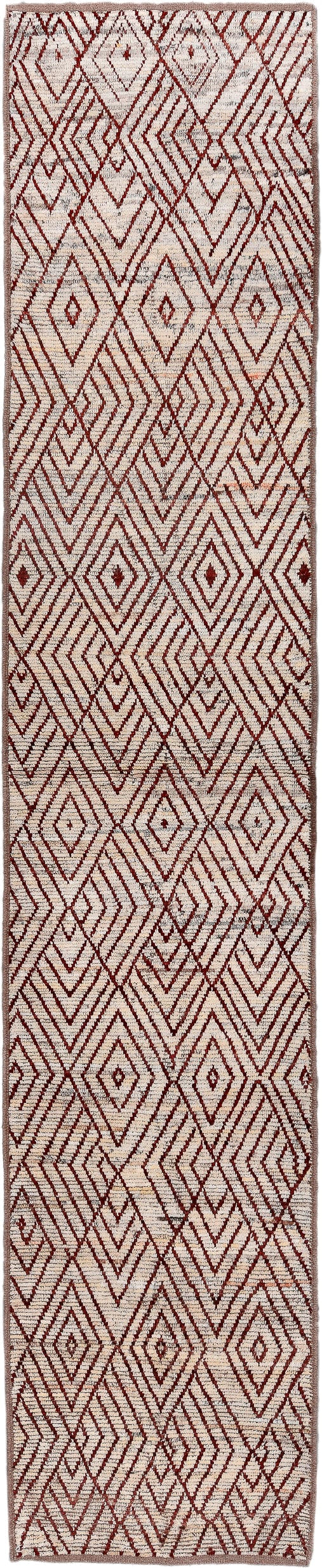 3' x 16' one-of-a-kind handmade vintage Tulu runner rug. Color palette: ivory, rust, brown, terracotta