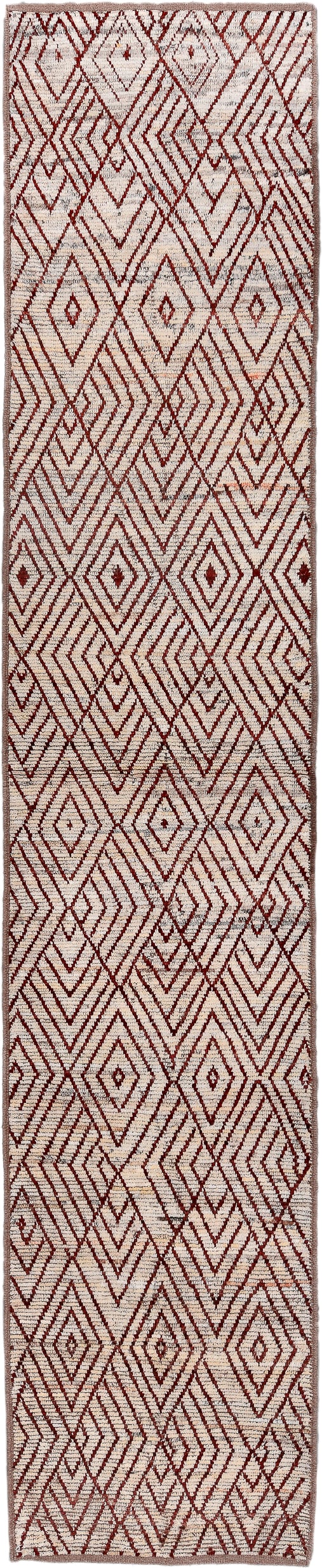 3' x 16' one-of-a-kind handmade vintage Tulu runner rug. Color palette: ivory, rust, brown, terracotta