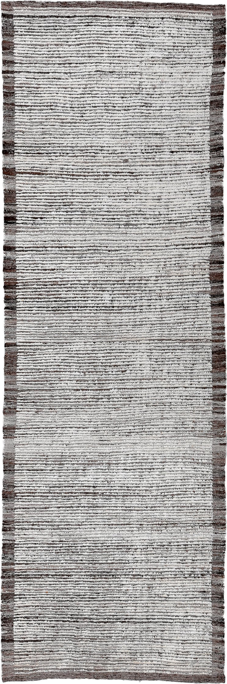 3' x 9' one-of-a-kind handmade vintage Tulu runner rug. Color palette: ivory, brown, taupe, charcoal, beige, gray, black
