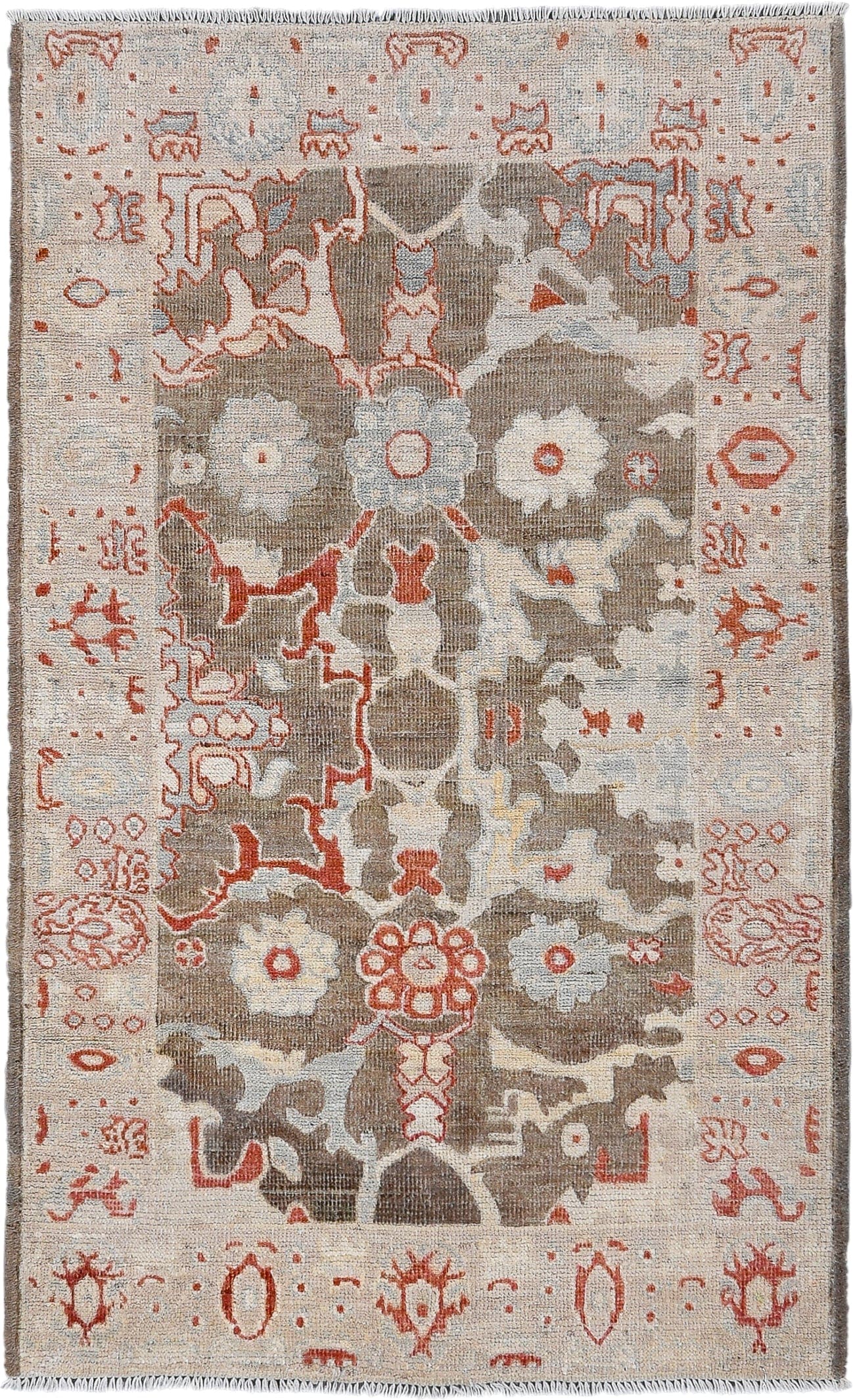 3' x 5' one-of-a-kind handmade vintage Oushak small size rug. Color palette: taupe, ivory, rust, pale blue, cream, camel