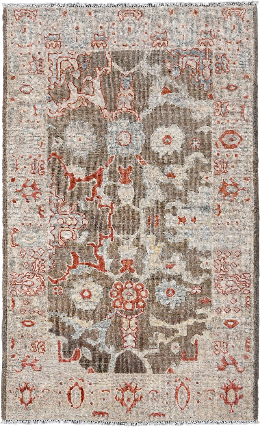 3' x 5' one-of-a-kind handmade vintage Oushak small size rug. Color palette: taupe, ivory, rust, pale blue, cream, camel