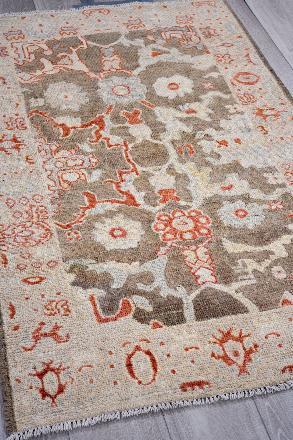 3' x 5' one-of-a-kind handmade vintage Oushak small size rug. Color palette: taupe, ivory, rust, pale blue, cream, camel