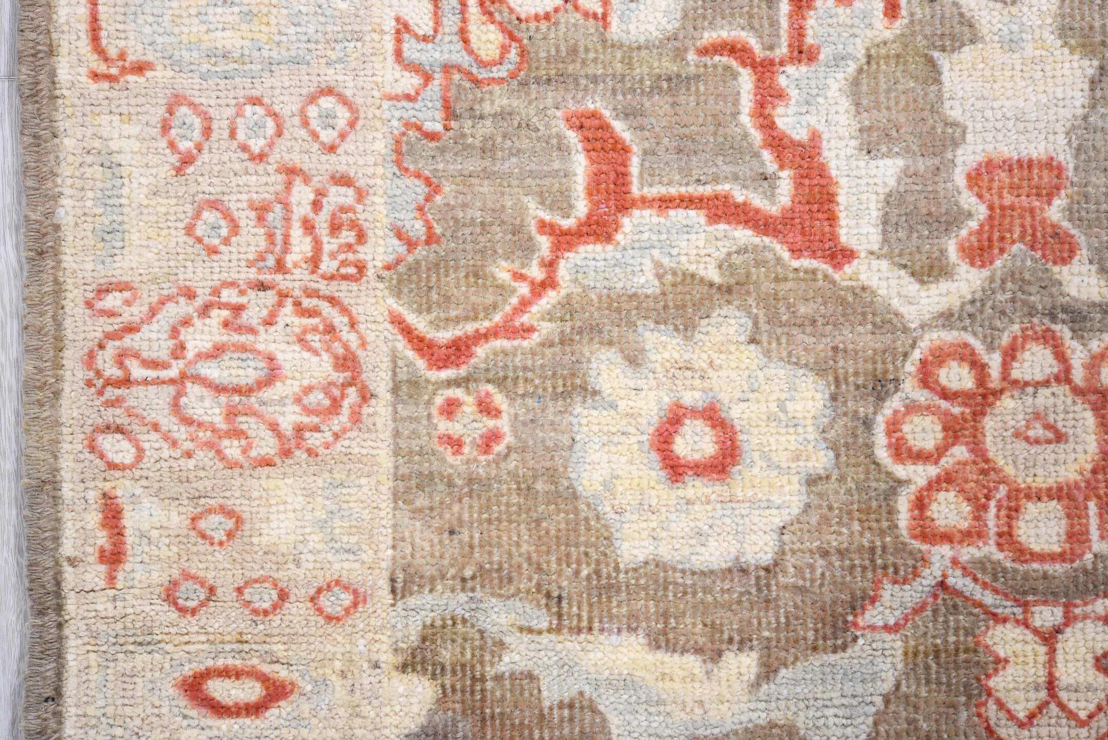 3' x 5' one-of-a-kind handmade vintage Oushak small size rug. Color palette: taupe, ivory, rust, pale blue, cream, camel