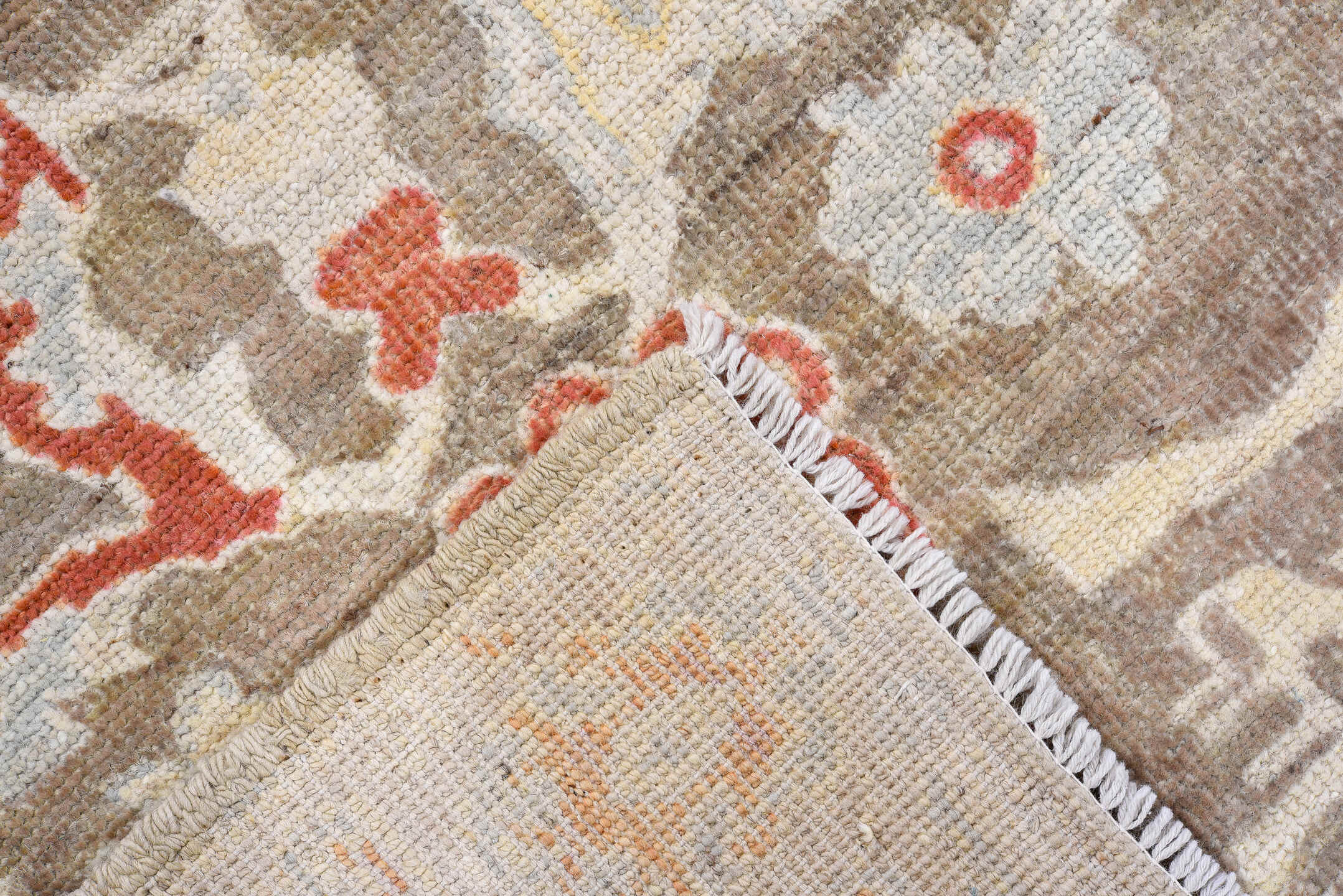 3' x 5' one-of-a-kind handmade vintage Oushak small size rug. Color palette: taupe, ivory, rust, pale blue, cream, camel