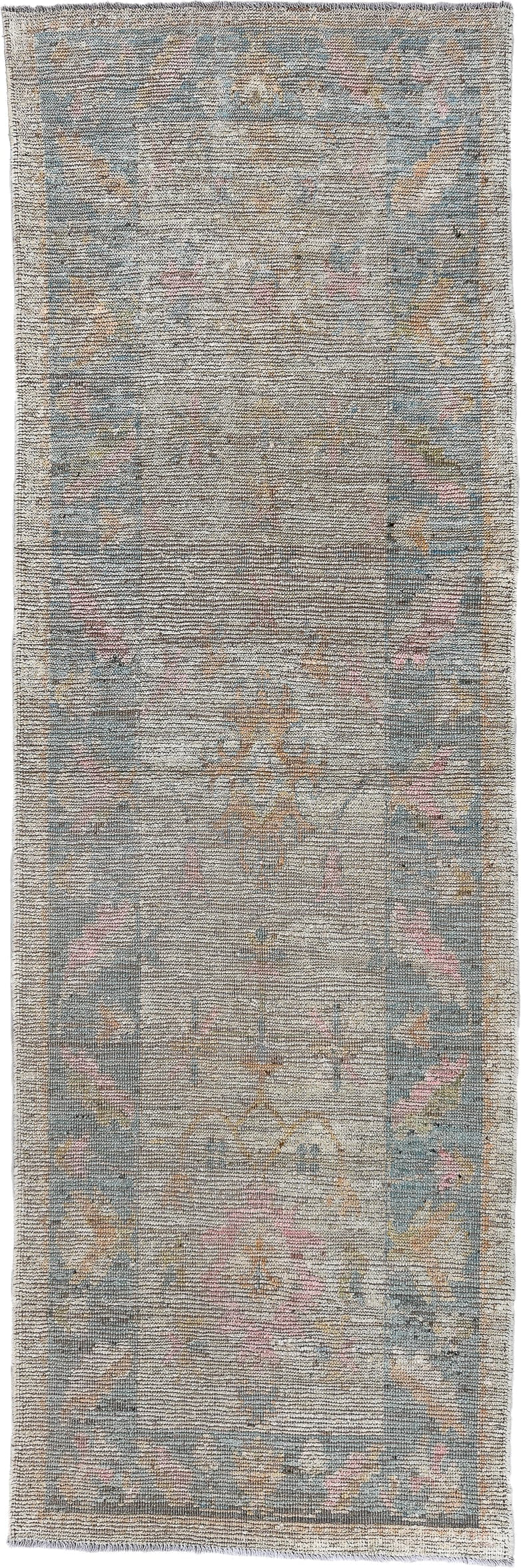 3' x 9' one-of-a-kind handmade vintage Oushak runner rug. Color palette: taupe, dusty blue, ivory, blush, pale gold, beige