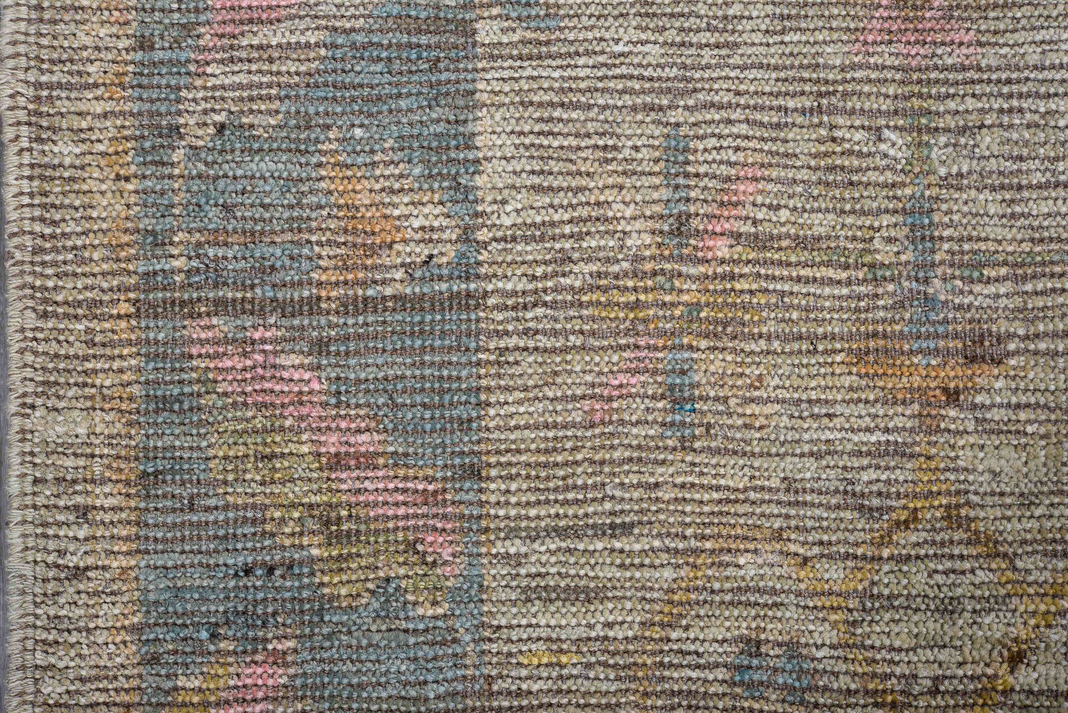 3' x 9' one-of-a-kind handmade vintage Oushak runner rug. Color palette: taupe, dusty blue, ivory, blush, pale gold, beige