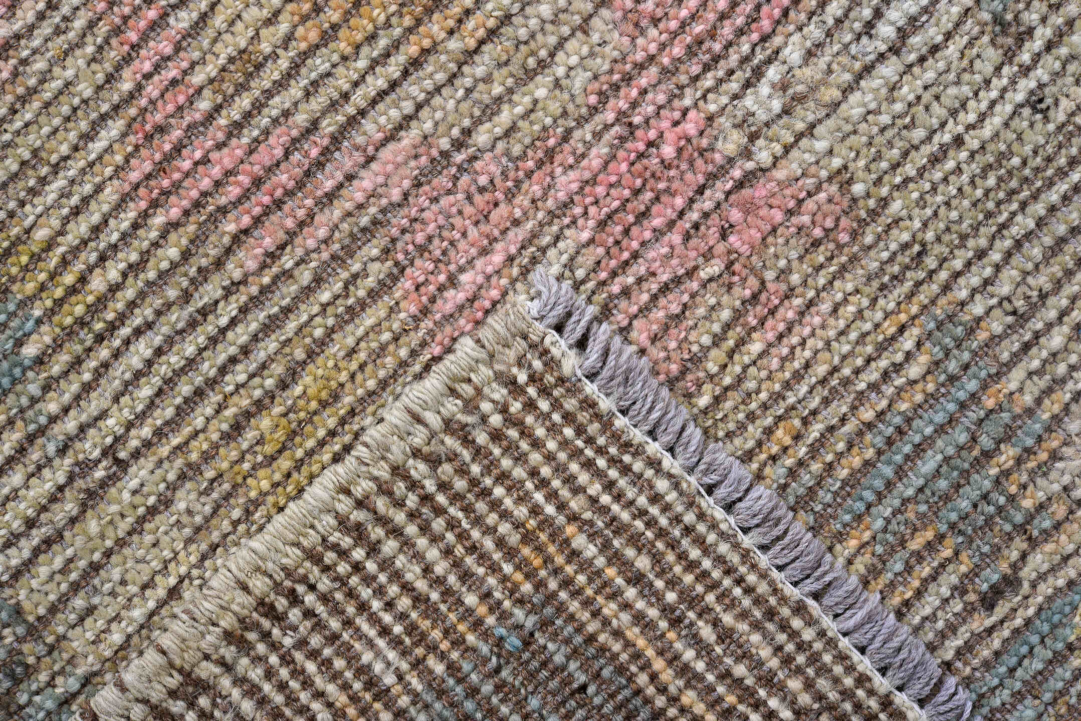 3' x 9' one-of-a-kind handmade vintage Oushak runner rug. Color palette: taupe, dusty blue, ivory, blush, pale gold, beige