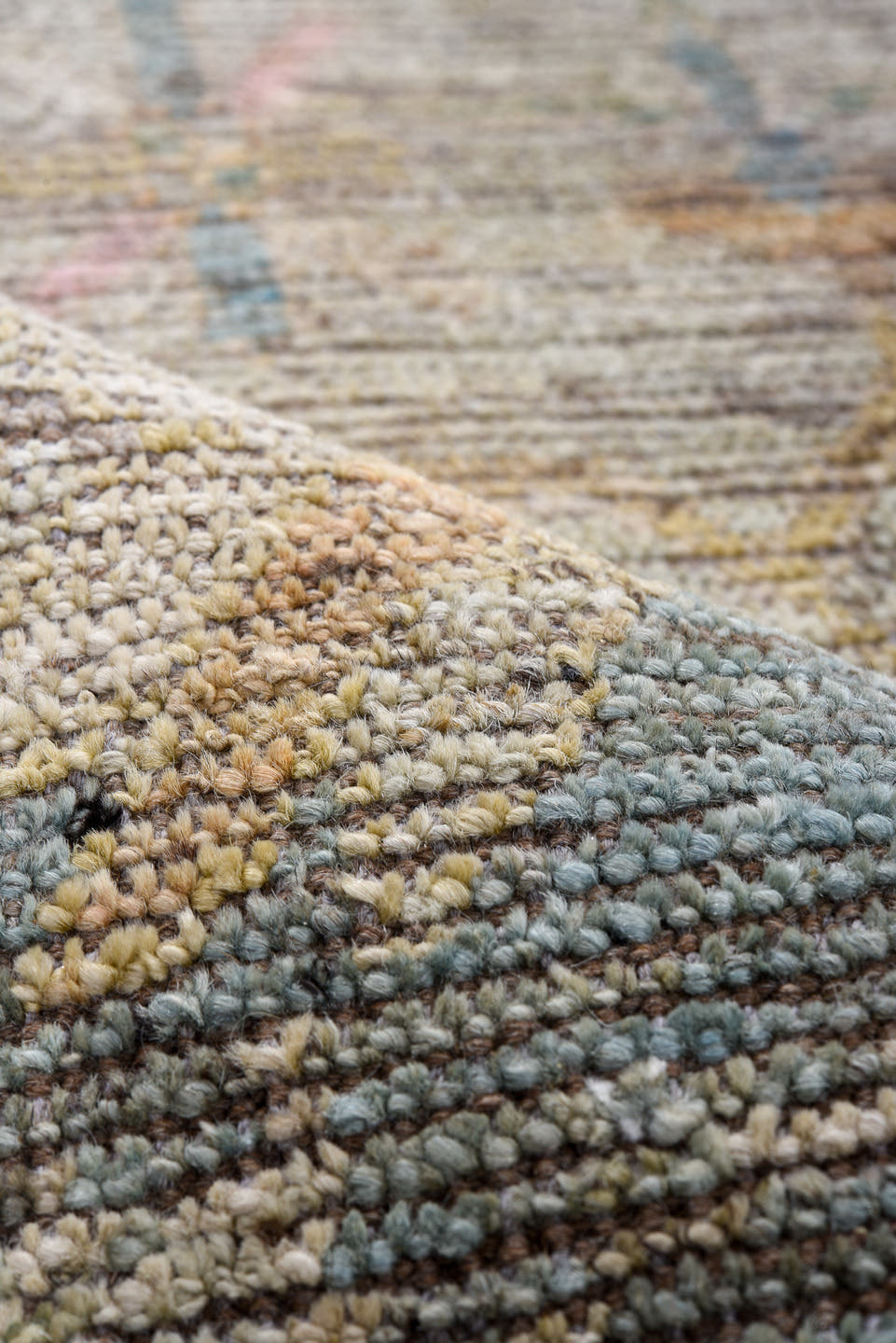 3' x 9' one-of-a-kind handmade vintage Oushak runner rug. Color palette: taupe, dusty blue, ivory, blush, pale gold, beige