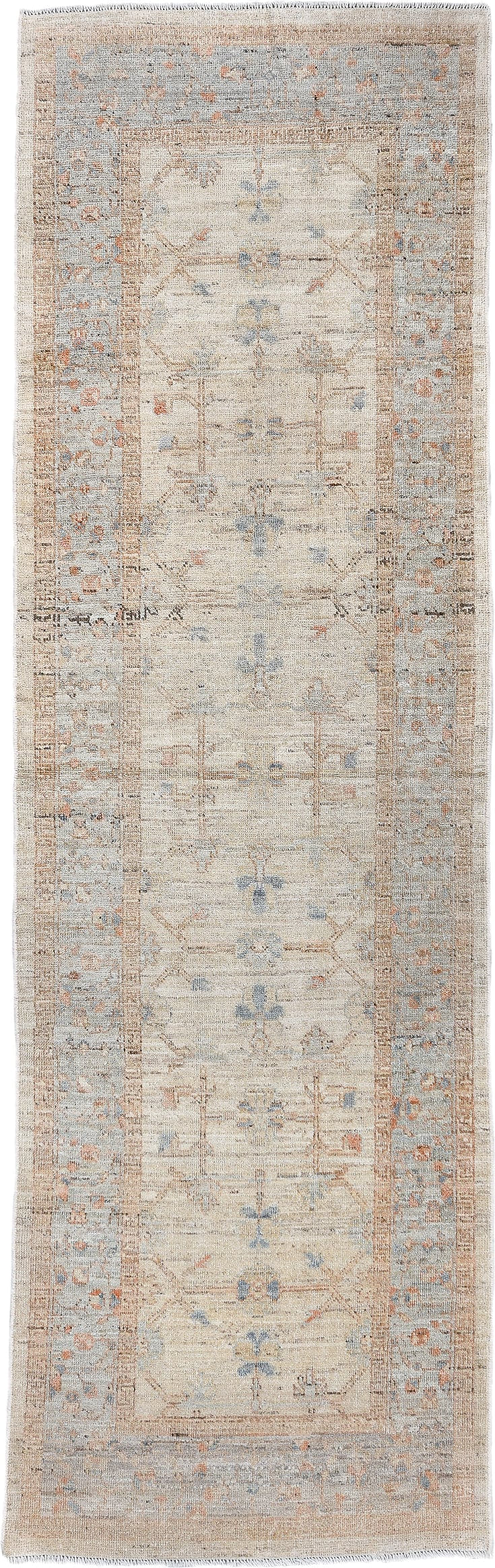 3' x 9' one-of-a-kind handmade vintage Oushak runner rug. Color palette: ivory, pale blue, beige, taupe, rust, camel