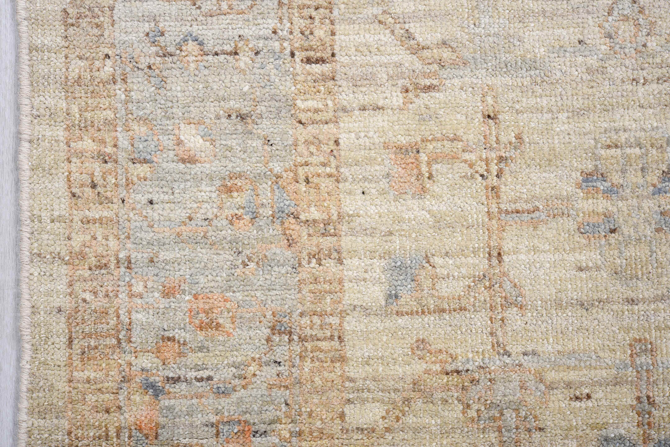 3' x 9' one-of-a-kind handmade vintage Oushak runner rug. Color palette: ivory, pale blue, beige, taupe, rust, camel
