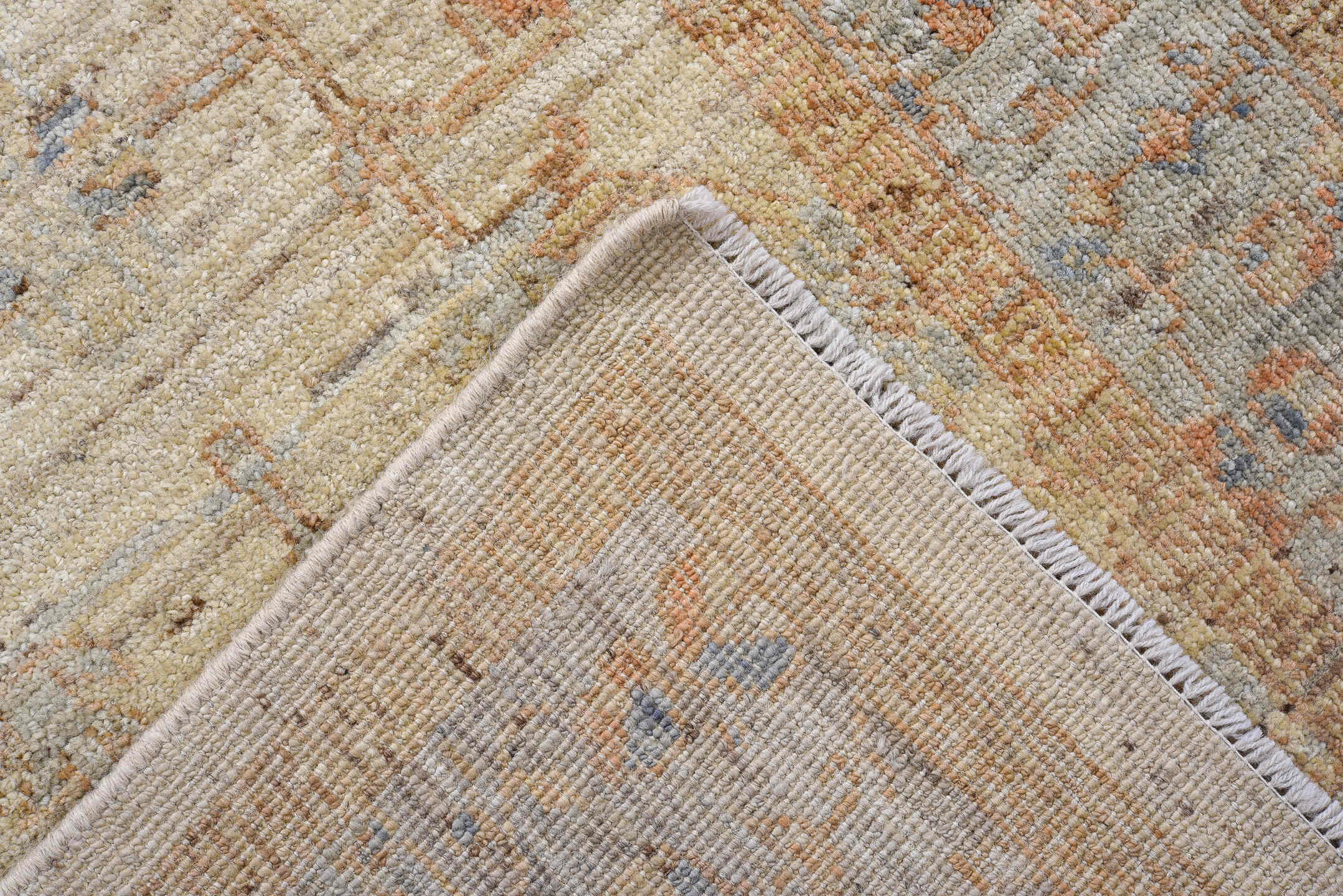 3' x 9' one-of-a-kind handmade vintage Oushak runner rug. Color palette: ivory, pale blue, beige, taupe, rust, camel