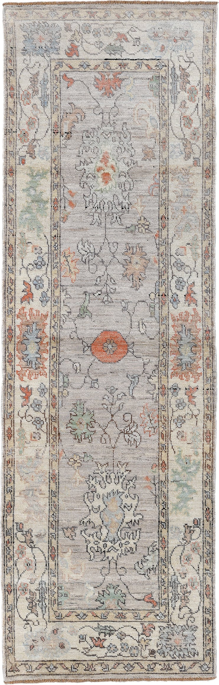3' x 9' one-of-a-kind handmade vintage Oushak runner rug. Color palette: ivory, taupe, slate, sage, coral, muted blue, cream