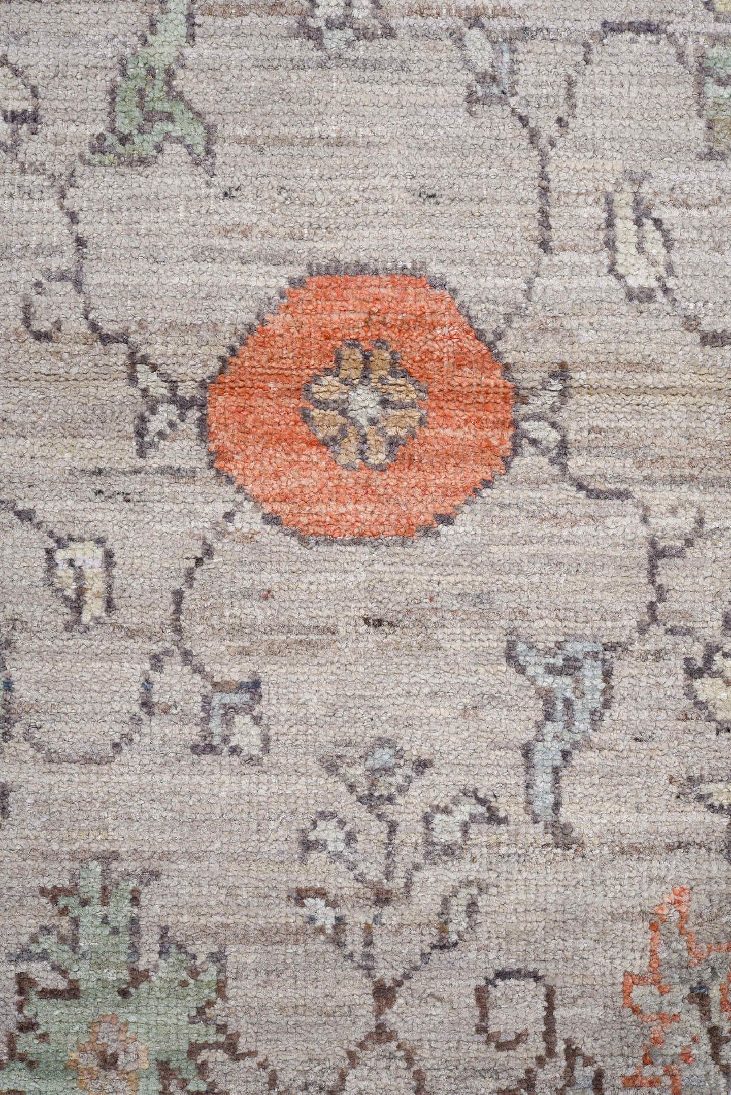 3' x 9' one-of-a-kind handmade vintage Oushak runner rug. Color palette: ivory, taupe, slate, sage, coral, muted blue, cream