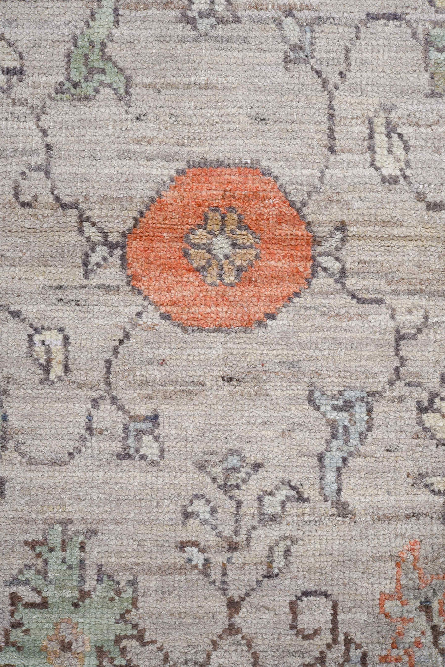3' x 9' one-of-a-kind handmade vintage Oushak runner rug. Color palette: ivory, taupe, slate, sage, coral, muted blue, cream