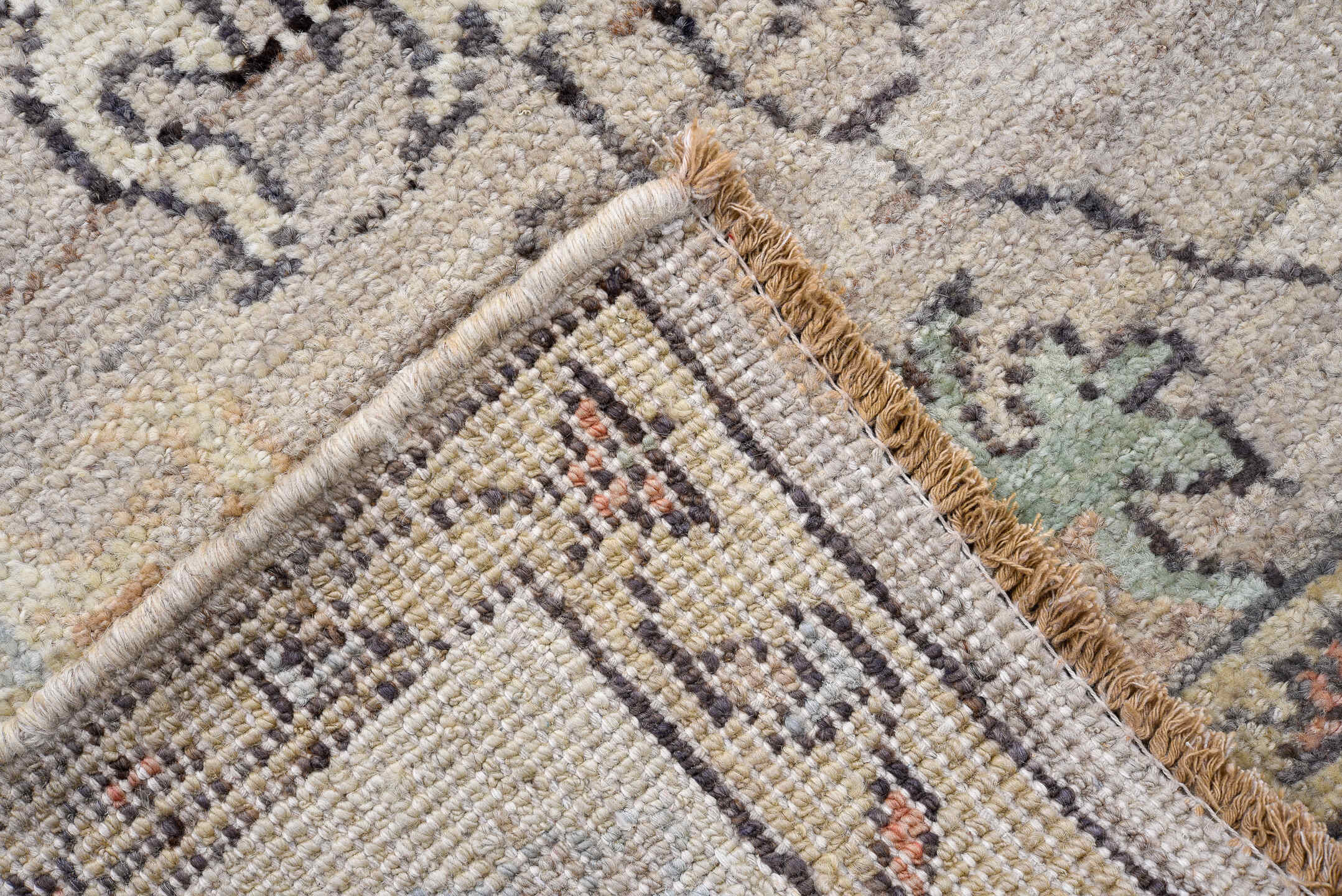 3' x 9' one-of-a-kind handmade vintage Oushak runner rug. Color palette: ivory, taupe, slate, sage, coral, muted blue, cream