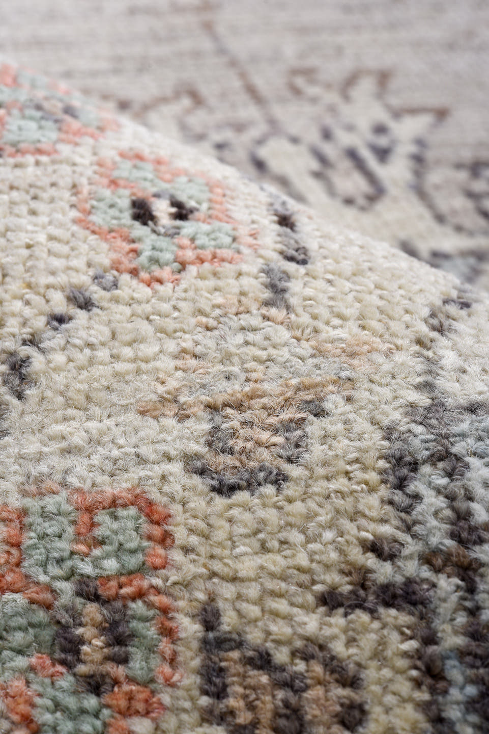 3' x 9' one-of-a-kind handmade vintage Oushak runner rug. Color palette: ivory, taupe, slate, sage, coral, muted blue, cream