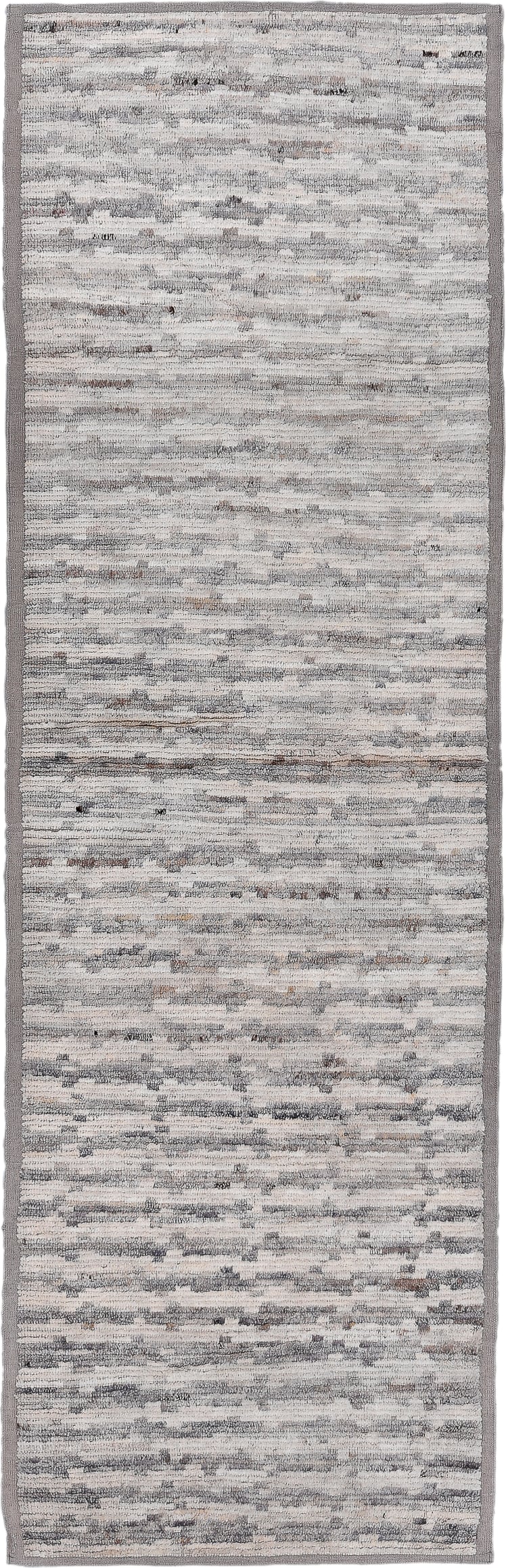 3' x 9' one-of-a-kind handmade vintage Tulu runner rug. Color palette: ivory, gray, taupe, charcoal, cream, beige, black