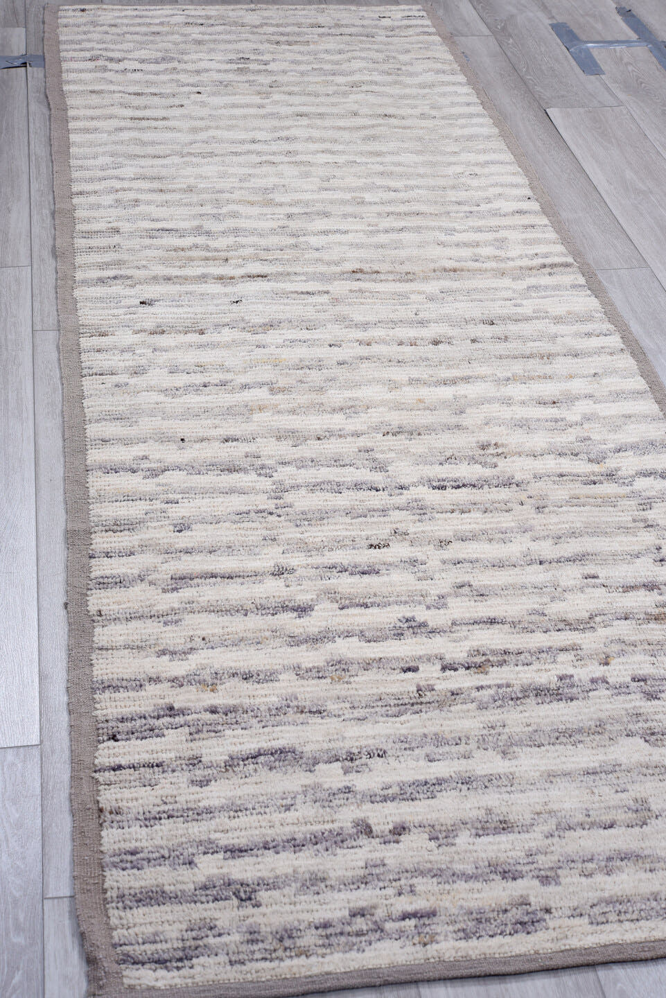 3' x 9' one-of-a-kind handmade vintage Tulu runner rug. Color palette: ivory, gray, taupe, charcoal, cream, beige, black
