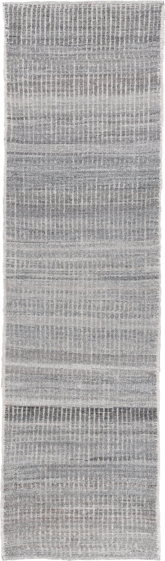 2' x 9' one-of-a-kind handmade vintage Tulu runner rug. Color palette: gray, ivory, charcoal, taupe, black, beige