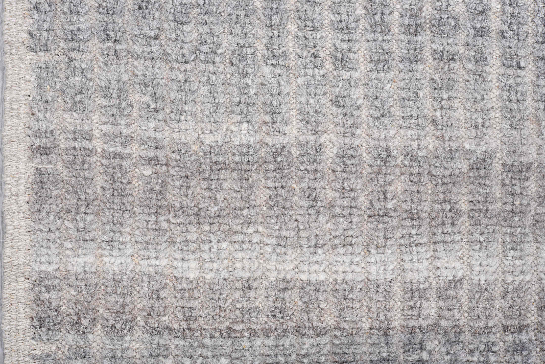 2' x 9' one-of-a-kind handmade vintage Tulu runner rug. Color palette: gray, ivory, charcoal, taupe, black, beige