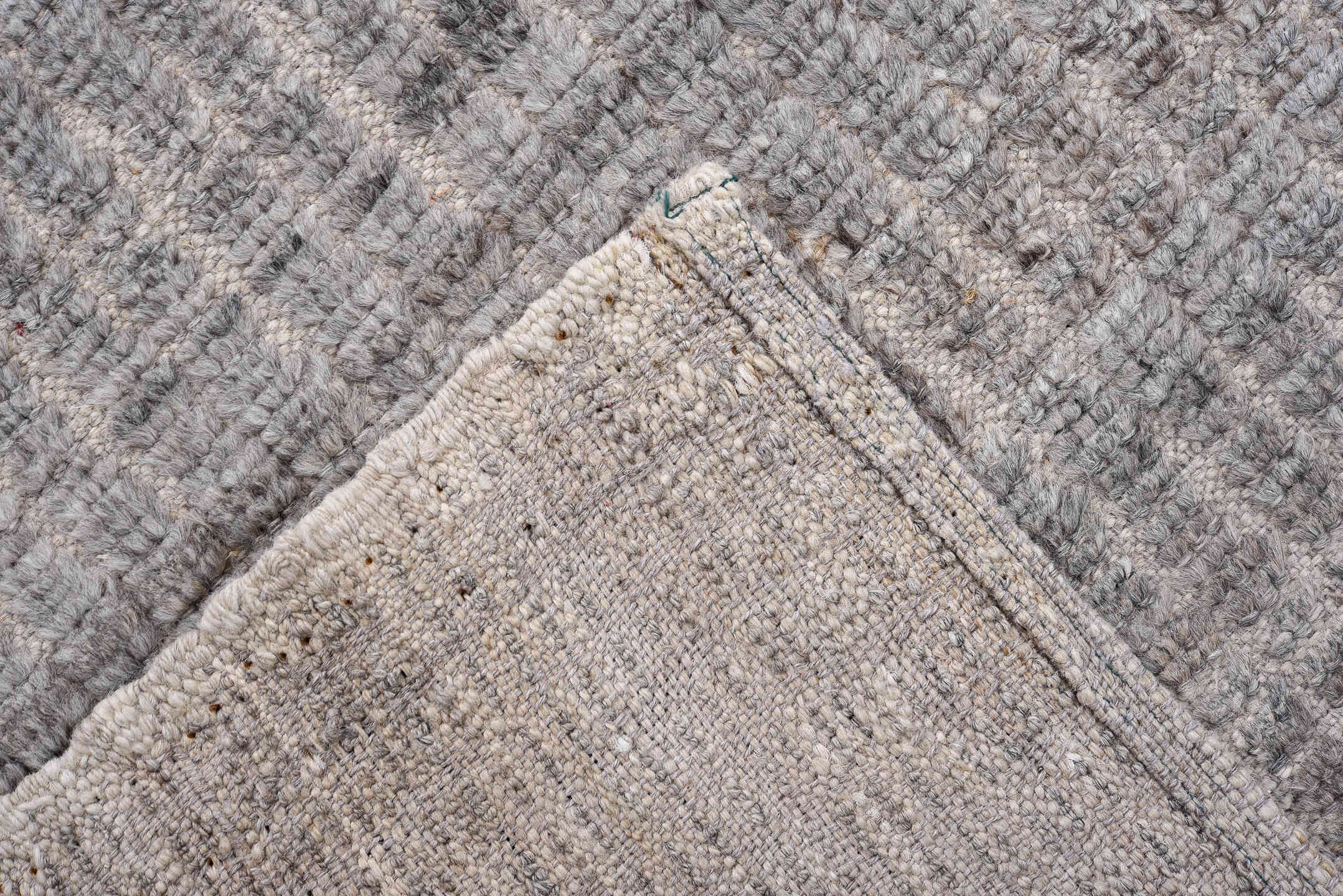 2' x 9' one-of-a-kind handmade vintage Tulu runner rug. Color palette: gray, ivory, charcoal, taupe, black, beige