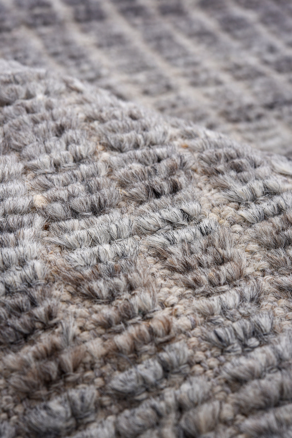2' x 9' one-of-a-kind handmade vintage Tulu runner rug. Color palette: gray, ivory, charcoal, taupe, black, beige