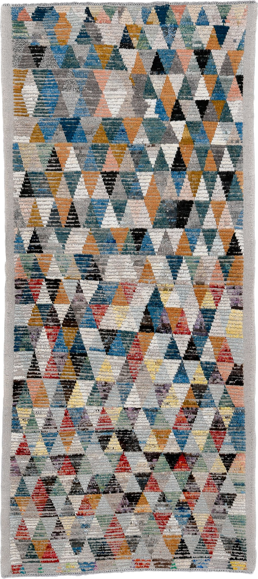 3' x 7' one-of-a-kind handmade vintage Tulu runner rug. Color palette: gray, ivory, teal, saffron, black, coral, sky_blue
