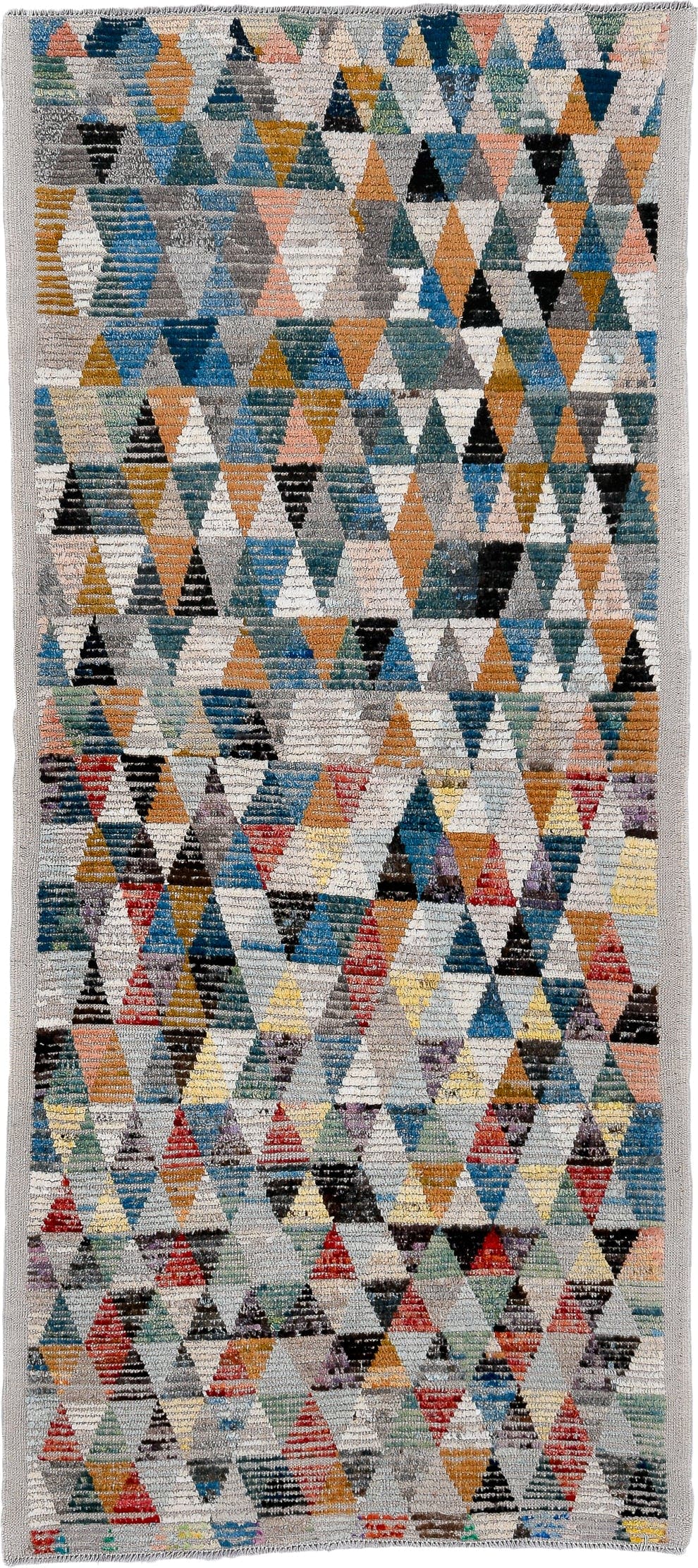 3' x 7' one-of-a-kind handmade vintage Tulu runner rug. Color palette: gray, ivory, teal, saffron, black, coral, sky_blue