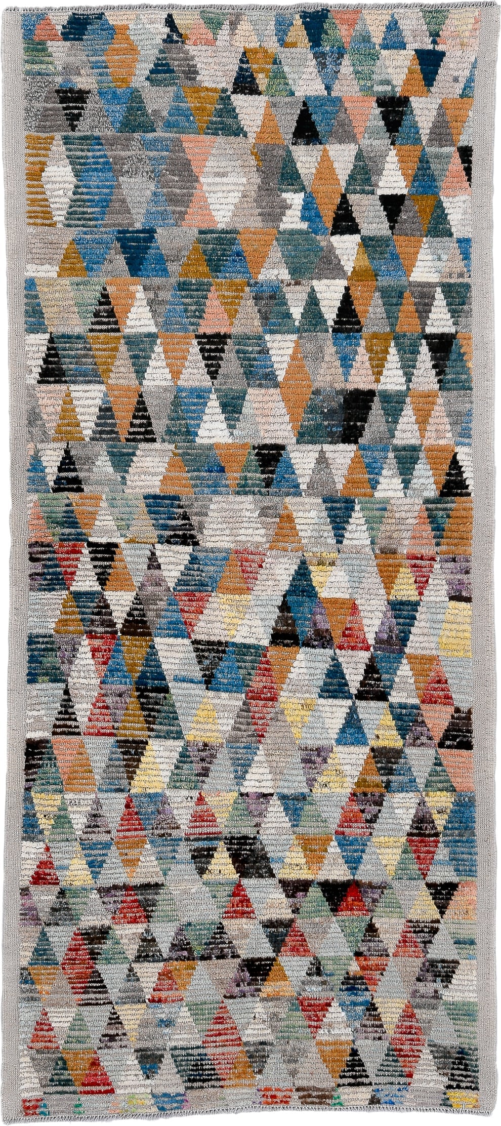 3' x 7' one-of-a-kind handmade vintage Tulu runner rug. Color palette: gray, ivory, teal, saffron, black, coral, sky_blue