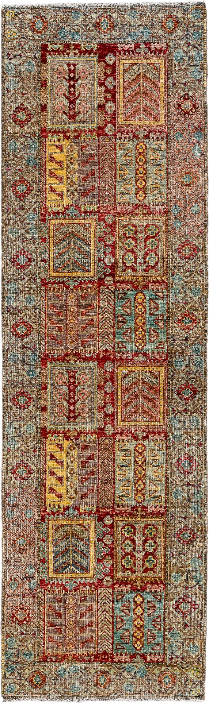 2' x 9' one-of-a-kind handmade vintage Oushak runner rug. Color palette: ivory, aqua, rust, gold, brick, taupe, sage, brown