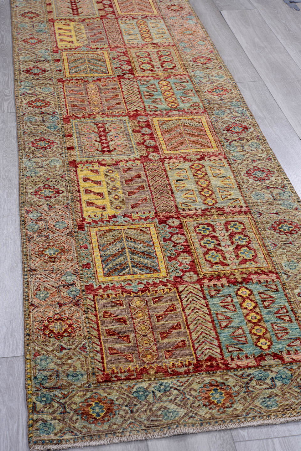 2' x 9' one-of-a-kind handmade vintage Oushak runner rug. Color palette: ivory, aqua, rust, gold, brick, taupe, sage, brown