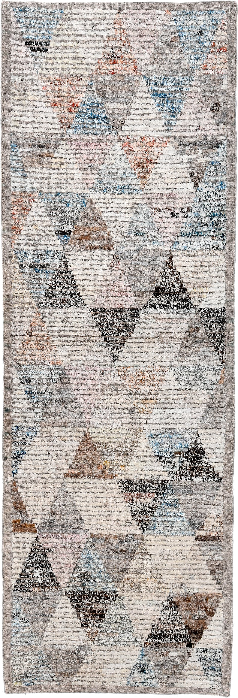 3' x 9' one-of-a-kind handmade vintage Tulu runner rug. Color palette: ivory, taupe, gray, charcoal, sky blue, blush, rust