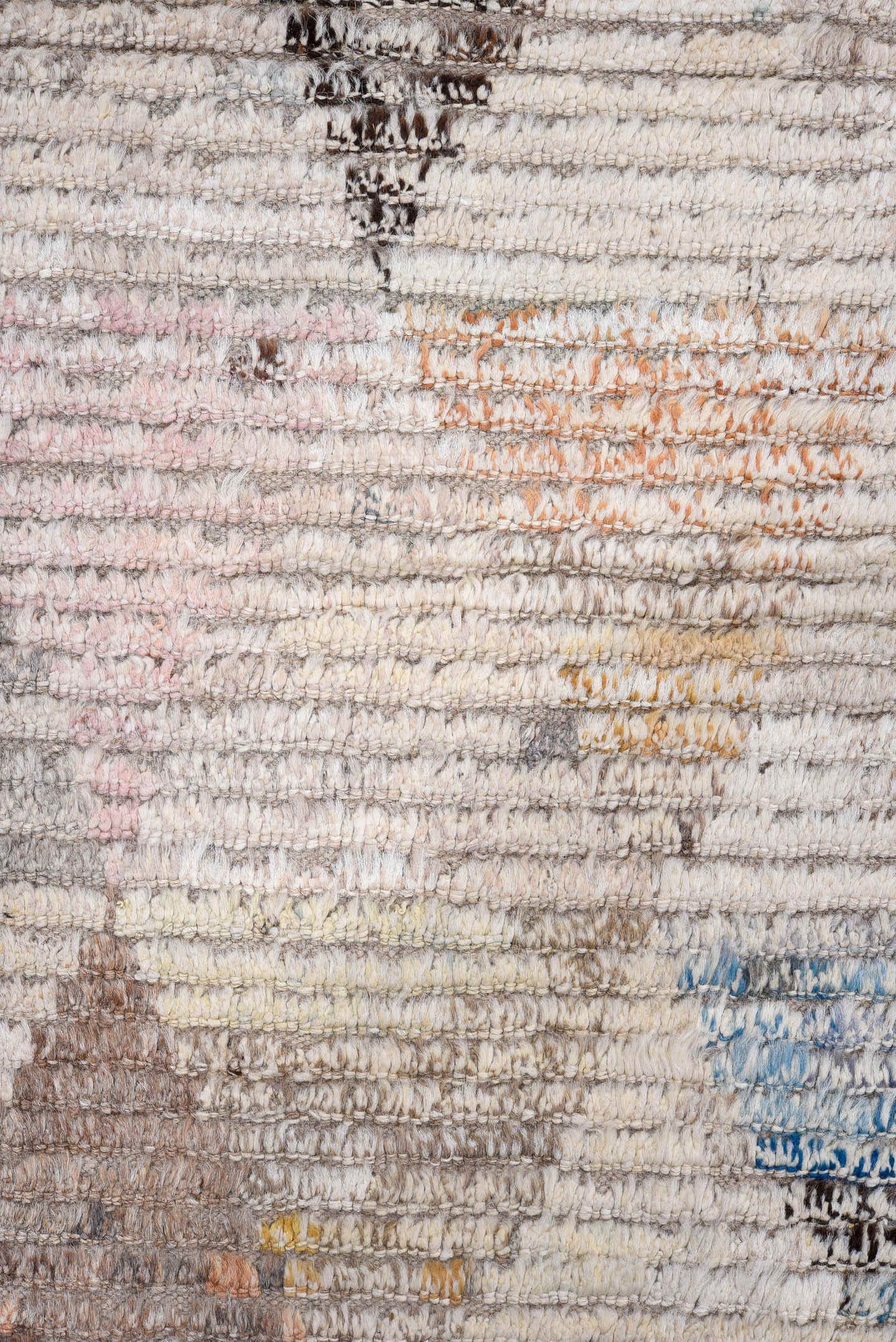 3' x 9' one-of-a-kind handmade vintage Tulu runner rug. Color palette: ivory, taupe, gray, charcoal, sky blue, blush, rust