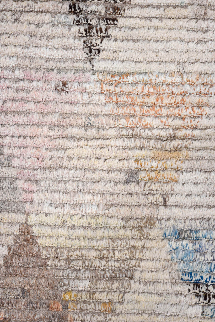 3' x 9' one-of-a-kind handmade vintage Tulu runner rug. Color palette: ivory, taupe, gray, charcoal, sky blue, blush, rust