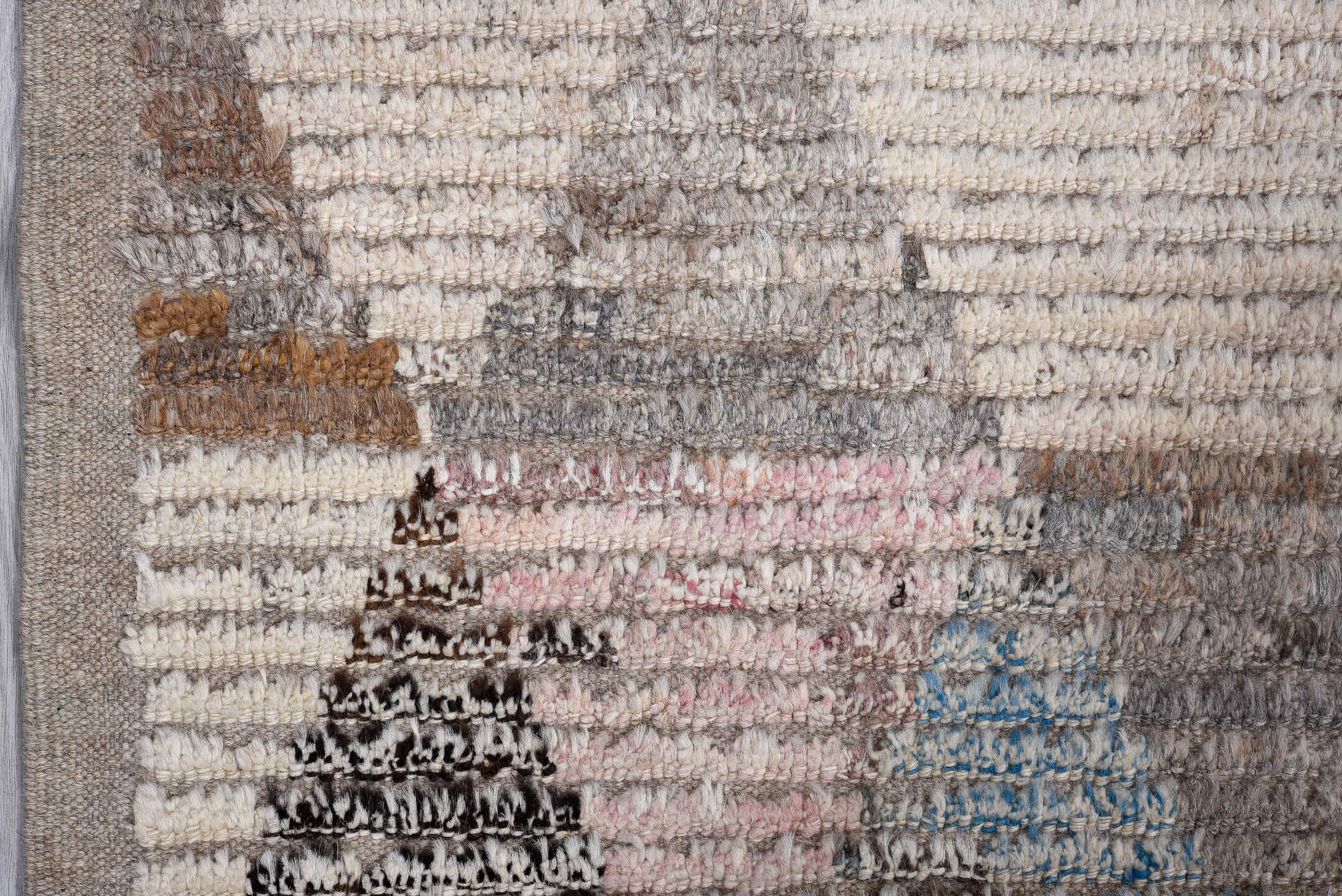 3' x 9' one-of-a-kind handmade vintage Tulu runner rug. Color palette: ivory, taupe, gray, charcoal, sky blue, blush, rust