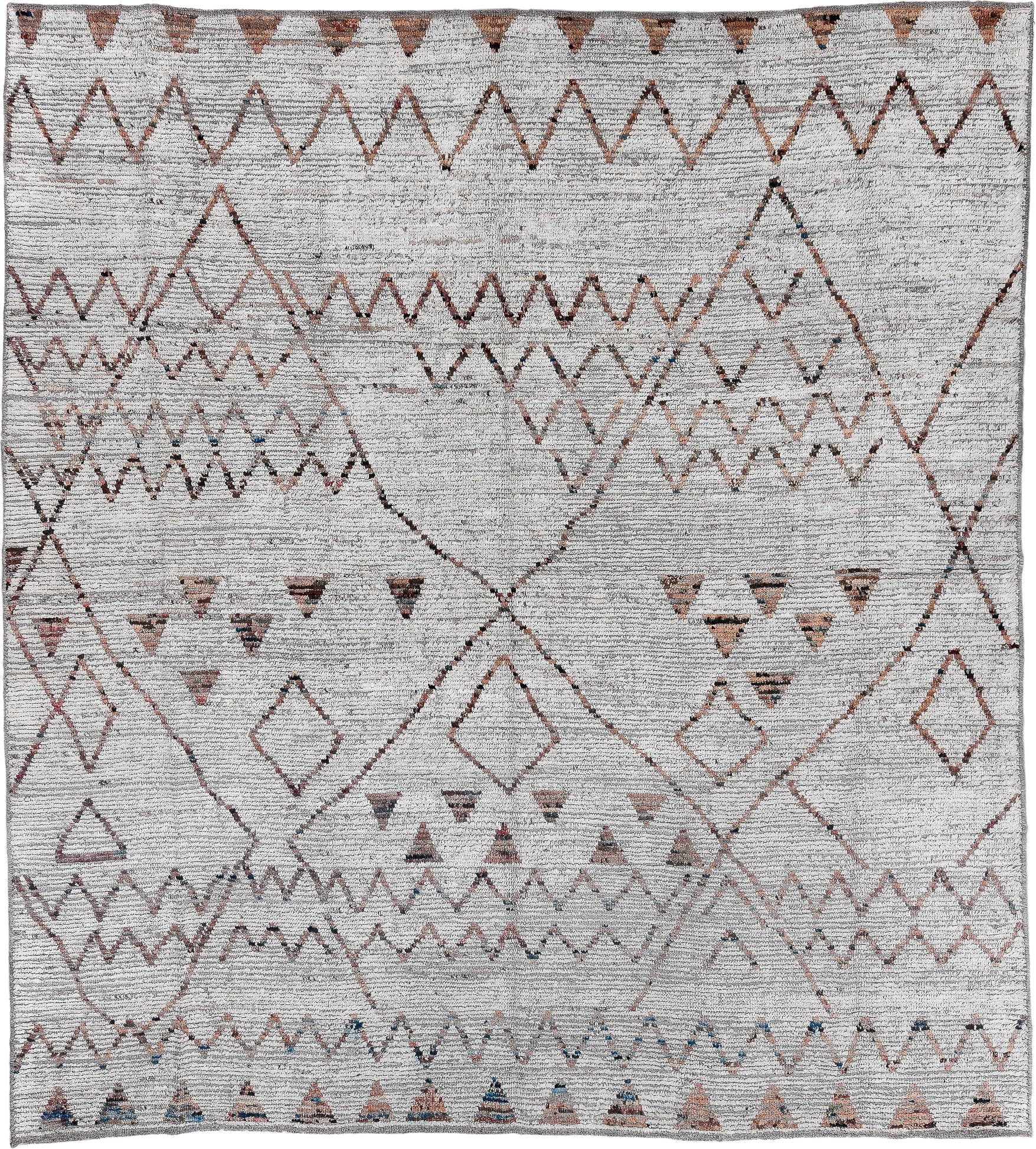 8' x 9' one-of-a-kind handmade vintage Tulu rug. Color palette: ivory, taupe, terra cotta, charcoal, slate, faded blue