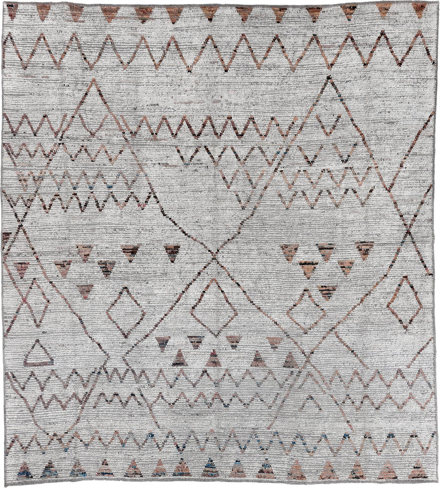 8' x 9' one-of-a-kind handmade vintage Tulu rug. Color palette: ivory, taupe, terra cotta, charcoal, slate, faded blue