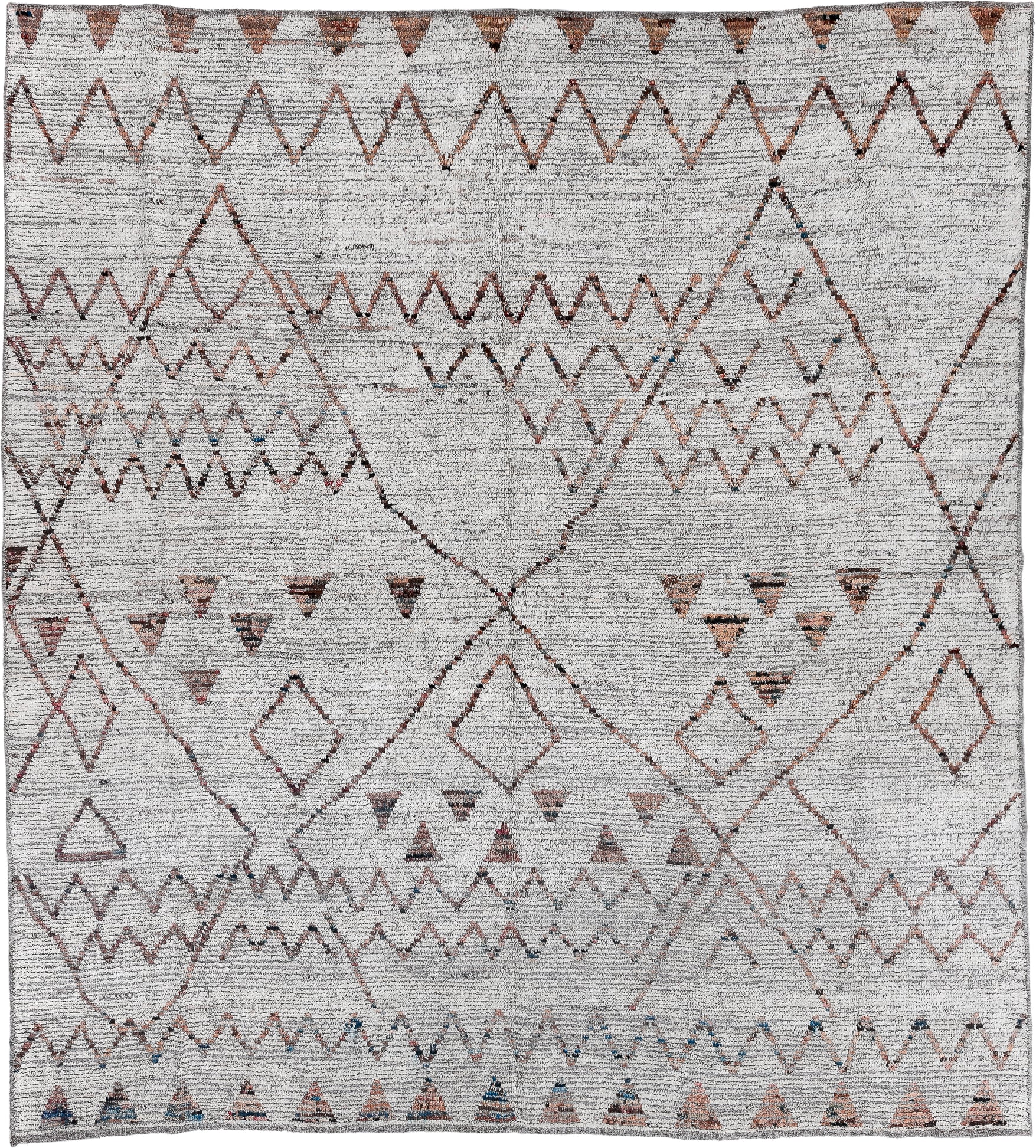 8' x 9' one-of-a-kind handmade vintage Tulu rug. Color palette: ivory, taupe, terra cotta, charcoal, slate, faded blue
