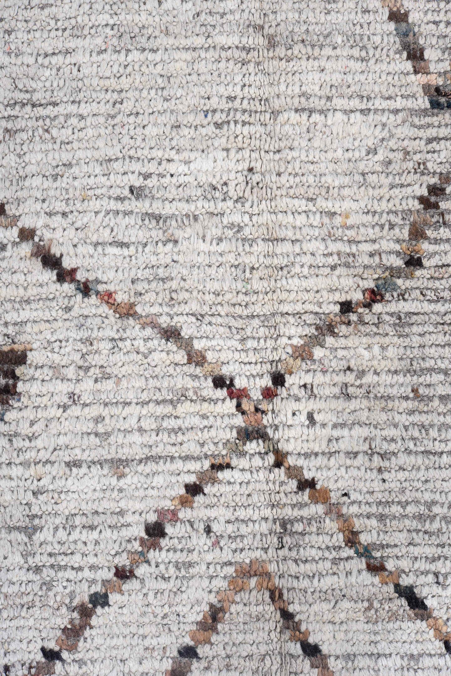 8' x 9' one-of-a-kind handmade vintage Tulu rug. Color palette: ivory, taupe, terra cotta, charcoal, slate, faded blue